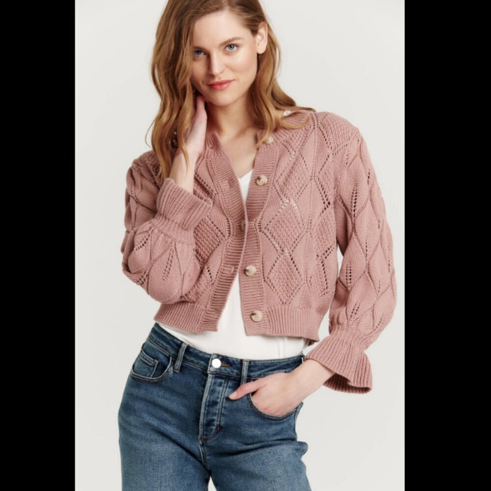 Another Love | Shawn Ruffle Cuff Patterned Knit Cardigan Size Medium Rose Mauve